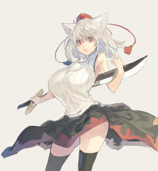 Rule 34 | 1girl, adapted costume, animal ears, armpits, bare arms, bare shoulders, black thighhighs, breasts, colored eyelashes, hat, hat ribbon, highres, huge breasts, inubashiri momiji, looking at viewer, muneneko, parted lips, red eyes, ribbon, shirt, silver hair, simple background, skirt, sleeveless, sleeveless shirt, solo, sword, tail, thighhighs, thighs, tokin hat, touhou, turtleneck, weapon, wind, wind lift, wolf ears, wolf tail, zettai ryouiki