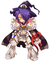 Rule 34 | 1boy, armor, commentary request, emon-yu, full body, genetic (ragnarok online), hair between eyes, hair over one eye, hat, living clothes, looking at viewer, male focus, open mouth, pants, pauldrons, purple hair, purple hat, ragnarok online, short hair, shoulder armor, simple background, solo, standing, syringe, teeth, tentacles, white background, white footwear, white pants, witch hat, yellow eyes