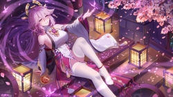 Rule 34 | 1girl, absurdres, animal ears, anklet, arm support, barefoot, bead anklet, breasts, cherry blossoms, crystalfly (genshin impact), dahe zhuang (yishi fanhua), detached sleeves, earrings, falling petals, fox ears, genshin impact, hair between eyes, hair ornament, highres, jewelry, lantern, large breasts, legs, long hair, looking up, obi, outdoors, parted lips, pendant, petals, pink hair, purple eyes, sash, shirt, sitting, sleeveless, sleeveless shirt, smile, solo, stairs, thighhighs, thighs, vision (genshin impact), white shirt, white thighhighs, wide sleeves, yae miko
