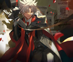 Rule 34 | 1boy, ;d, amakusa shirou (fate), black gloves, black legwear, black suit, blouse, collared shirt, cuffs, dark-skinned male, dark skin, fate/grand order, fate (series), formal, gloves, handcuffs, hat, hat tip, holding, holding clothes, holding hat, holding key, itefu, key, male focus, monocle, necktie, one eye closed, open mouth, pants, parted bangs, red necktie, shirt, silver hair, smile, solo, spiked hair, spotlight, suit, top hat, unworn hat, unworn headwear, waistcoat, wanted, white shirt