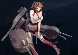Rule 34 | 10s, 1girl, antennae, brown hair, cannon, chain, collarbone, genyaky, gloves, green eyes, groin, hairband, highres, kantai collection, miniskirt, mutsu (kancolle), navel, original, short hair, skirt, sleeveless, solo, tears, thighhighs, torn clothes, turret, weapon