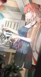 Rule 34 | 1girl, absurdres, apron, armpit crease, black bow, blue apron, bow, braid, breasts, bright pupils, changli (wuthering waves), chopsticks, cleavage, collarbone, commentary, cooking, from side, hair bow, hair extensions, highres, holding, holding chopsticks, holding pan, indoors, kitchen, large breasts, long hair, looking at viewer, md5 mismatch, multicolored hair, naked apron, pink hair, ponytail, ryeon (bluetom1), sideboob, sidelocks, smile, solo, twin braids, two-tone hair, very long hair, white hair, white pupils, wuthering waves, yellow eyes