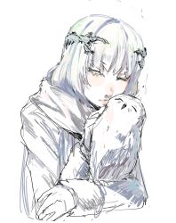 Rule 34 | 1girl, bad id, bad twitter id, bird, closed eyes, closed mouth, coat, commentary, english commentary, eyelashes, gloves, highres, laurel crown, long sleeves, original, owl, scarf, solo, tsu (lovesick1964), upper body, white coat, white gloves, white hair, white scarf, white theme