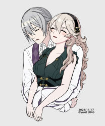 1boy 1girl absurdres aristocratic_clothes breasts butler corrin_(female)_(fire_emblem) corrin_(fire_emblem) couple dated fire_emblem fire_emblem_fates grey_hair hetero highres jakob_(fire_emblem) medium_breasts nintendo open_mouth pointy_ears twitter_username upper_body yuki12046