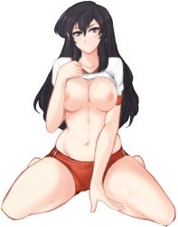 Rule 34 | 1girl, archived source, ayra (fire emblem), barefoot, between legs, black eyes, black hair, blush, breasts, buruma, closed mouth, clothes lift, collarbone, curvy, earrings, facing viewer, feet, fire emblem, fire emblem: genealogy of the holy war, fire emblem heroes, full body, groin, hair between eyes, hand between legs, hand on own chest, highres, jewelry, kneeling, large breasts, legs apart, light blush, long hair, looking at viewer, navel, nintendo, nipples, shirt, shirt lift, short sleeves, smile, solo, t-shirt, transparent background, tridisart, very long hair, wide hips