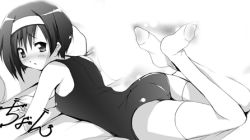 Rule 34 | 00s, ass, bed, blush, ef (visual novel), feet, greyscale, hairband, kashi, legs, looking back, lowres, lying, monochrome, one-piece swimsuit, school swimsuit, shindou kei (ef), short hair, swimsuit, thighhighs
