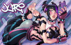 Rule 34 | 1girl, artist name, black hair, bracelet, breasts, candy, cellphone, cleavage, collar, crop top, darkereve, fingerless gloves, food, gloves, goth fashion, hair horns, hair over one eye, han juri, jewelry, lollipop, lying, on stomach, phone, purple eyes, smartphone, smartphone case, solo, spiked anklet, spiked bracelet, spiked collar, spikes, street fighter, street fighter 6, toeless legwear, toes