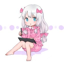 Rule 34 | 10s, 1girl, :o, ama-tou, aqua eyes, barefoot, blush, body blush, bow, buttons, chibi, collar, collared shirt, commentary, drawing, drawing tablet, eromanga sensei, eyelashes, frilled shirt, frilled shorts, frilled sleeves, frills, full body, hair bow, hair ornament, hair ribbon, holding, holding pen, izumi sagiri, knees together feet apart, long hair, long sleeves, looking at viewer, low-tied long hair, lowres, neck ribbon, no nose, open mouth, pajamas, pen, pink ribbon, pink shirt, pink shorts, ribbon, shadow, shirt, shorts, sidelocks, silver hair, simple background, sitting, solo, stylus, tareme, toes, tress ribbon, white background
