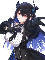 Rule 34 | 1girl, absurdres, animal, animal on shoulder, asymmetrical horns, bird, bird on shoulder, black gloves, black hair, blue hair, breasts, colored inner hair, fur trim, gloves, hand on own chest, highres, hololive, hololive english, horns, jewelry, large breasts, long hair, mole, mole under eye, multicolored hair, nerissa ravencroft, nerissa ravencroft (1st costume), red eyes, ring, shadow (nerissa ravencroft), smile, tang-du, virtual youtuber, white background