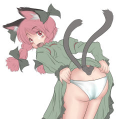 Rule 34 | 1girl, animal ears, ao usagi, ass, bad id, bad pixiv id, bent over, cat ears, cat girl, cat tail, clothes lift, dress, dress lift, female focus, kaenbyou rin, multiple tails, panties, simple background, solo, tail, tail wagging, touhou, underwear, white background
