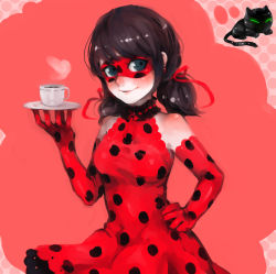 Rule 34 | 1girl, adapted costume, bare shoulders, black cat, black hair, blue eyes, cat, choker, cup, domino mask, dress, earrings, elbow gloves, gloves, hair ribbon, hand on own hip, jewelry, kowalu, ladybug (character), long hair, low twintails, marinette dupain-cheng, mask, miraculous ladybug, polka dot, red dress, red gloves, ribbon, saucer, teacup, twintails
