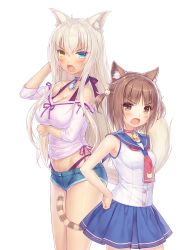 Rule 34 | :o, animal ear fluff, animal ears, arm under breasts, azuki (nekopara), bare arms, bare shoulders, bell, blue eyes, blue sailor collar, blue skirt, blush, breasts, brown eyes, brown hair, cat ears, cat girl, cat hair ornament, cat tail, choker, coconut (nekopara), collar, collarbone, commentary, cowboy shot, d:, eyes visible through hair, fangs, hair between eyes, hair ornament, hand in own hair, hand on own hip, hand up, heterochromia, highres, jingle bell, large breasts, long hair, looking at viewer, micro shorts, neck bell, nekopara, official art, open mouth, panties, panty straps, platinum blonde hair, pleated skirt, purple choker, purple panties, red collar, sailor collar, sayori (neko works), shirt, short hair, shorts, sidelocks, simple background, skirt, sleeveless, sleeveless shirt, slit pupils, striped tail, tail, two side up, underwear, v-shaped eyebrows, very long hair, whale tail (clothing), white background, white shirt, yellow eyes