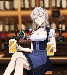 Rule 34 | 1girl, alcohol, artist name, bar (place), bare legs, barmaid, beer, beer mug, blonde hair, blue dress, breasts, choker, circle skirt, collarbone, commission, cross, cup, darkpulsegg, dirndl, dress, german clothes, glass, graf zeppelin (kancolle), grey eyes, hair between eyes, highres, holding, holding cup, iron cross, kantai collection, long hair, looking at viewer, md5 mismatch, mug, oktoberfest, short dress, sidelocks, smile, solo, twintails, two-tone dress, underbust, white dress