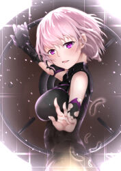 Rule 34 | 1girl, breasts, eyebrows hidden by hair, fate/grand order, fate (series), highres, holding, holding shield, holding weapon, kagura ren, large breasts, looking at viewer, mash kyrielight, medium breasts, open mouth, pink hair, purple eyes, reaching, reaching towards viewer, shield, short hair, smile, solo, torn clothes, weapon