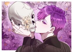 Rule 34 | 1boy, alternate hairstyle, black nails, black shirt, border, braid, commentary, doll joints, eyelashes, eyeshadow, fingernails, floral background, flower, gradient hair, hair between eyes, hair ornament, hands up, highres, holding, holding skull, joints, kiss, kissing skull, long sleeves, looking at viewer, makeup, male focus, mole, mole on neck, multicolored hair, nail polish, nijisanji, nijisanji en, outside border, parted bangs, parted lips, pink hair, profile, puffy sleeves, purple background, purple eyes, purple eyeshadow, purple flower, purple hair, purple theme, shirt, short hair, sideways glance, skull, solo, symbol-only commentary, turtleneck, uki violeta, upper body, virtual youtuber, white border, white flower, x hair ornament, yoy (0yyoyy0)