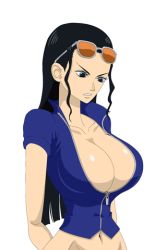 Rule 34 | animated, animated gif, black hair, blue eyes, blush, bouncing breasts, breasts, cleavage, groin, large breasts, leather vest, long hair, lowres, midriff, navel, necrolust, nico robin, one piece
