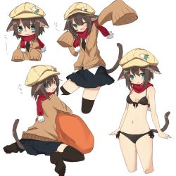 Rule 34 | 1girl, absurdres, animal ears, bikini, black thighhighs, blue eyes, brown hair, cabbie hat, cardigan, cat ears, cat tail, dorothy (pan koujou), dorothy (tadashi), dorothy (tadashi1013), front-tie bikini top, front-tie top, hat, highres, looking at viewer, looking back, multiple views, navel, necktie, open mouth, original, pom pom (clothes), red scarf, scarf, school uniform, short hair, side-tie bikini bottom, simple background, sitting, skirt, sleeves past wrists, strap gap, sweater, swimsuit, tadashi (tadashi1013), tail, thighhighs, wariza, white background, zettai ryouiki