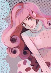 Rule 34 | 1boy, alicia rose, artist name, blunt bangs, bow, commentary, english commentary, highres, koibuchi kuranosuke, kuragehime, long hair, long sleeves, looking to the side, makeup, mascara, pink eyes, pink hair, pink lips, pink sweater, pink theme, sidelocks, smile, solo, sweater, turtleneck, turtleneck sweater, vertical-striped sweater