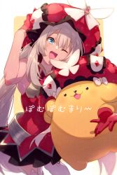 Rule 34 | 1girl, :3, animal, blue eyes, commentary request, crossover, dog, dress, echo (circa), fate/grand order, fate (series), gloves, hair between eyes, hat, large hat, long hair, looking at viewer, marie antoinette (fate), one eye closed, open mouth, pompompurin, red dress, red gloves, red headwear, sanrio, sleeveless, sleeveless dress, smile, teeth, thighhighs, translation request, twintails, twitter username, upper teeth only, very long hair, white hair, white thighhighs