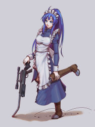 Rule 34 | 1girl, apron, bent, blue dress, blue eyes, blue hair, boots, brown footwear, burnt clothes, damaged, dress, expressionless, gun, highres, holding leg, hopping, knee boots, leebigtree, long sleeves, maid, maid apron, maid headdress, mecha musume, mechanical parts, original, rifle, robot, severed leg, severed limb, sniper rifle, solo, torn clothes, weapon