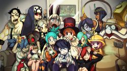 Rule 34 | 2boys, 6+girls, android, annie (skullgirls), avery (skullgirls), beowulf (skullgirls), big band, black hair, bloody marie (skullgirls), blue hair, blue skin, cerebella (skullgirls), chungsae, clenched teeth, colored skin, couch, cross, double (skullgirls), egyptian, eliza (skullgirls), filia (skullgirls), food, green hair, hair over one eye, hat, highres, indoors, leviathan (skullgirls), ms. fortune (skullgirls), multiple boys, multiple girls, nun, nurse, nurse cap, one eye closed, open mouth, painwheel (skullgirls), parasoul (skullgirls), peacock (skullgirls), pink hair, playing games, popcorn, red eyes, red hair, skull heart, skullgirls, smile, squigly (skullgirls), teeth, thumbs down, thumbs up, umbrella (skullgirls), valentine (skullgirls), zombie