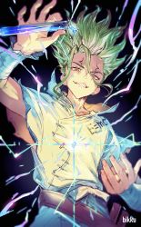 Rule 34 | 1boy, absurdres, artist name, bandages, bandaged arm, bandages, bikkusama, collarbone, diffraction spikes, dr. stone, electricity, facial mark, fingernails, green hair, highres, holding, ishigami senkuu, liquid, male focus, parted lips, pouring, red eyes, smile, solo, teeth, torn, torn clothes, vial