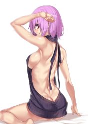 Rule 34 | 1girl, arm up, armpits, ass, backless outfit, bare back, bare shoulders, breasts, butt crack, deras, fate/grand order, fate (series), glasses, mash kyrielight, medium breasts, meme attire, purple eyes, purple hair, short hair, sideboob, simple background, sitting, solo, thighs, virgin killer sweater, wariza, white background