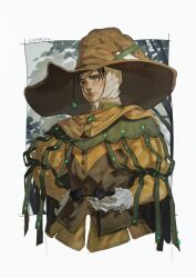 Rule 34 | 1boy, belt, black hair, border, brown cape, brown cloak, brown hat, cape, cloak, closed mouth, elden ring, feathers, frills, gem, gloves, green eyes, hand on own hip, hat, hat feather, highres, jacket, jewelry, juliet sleeves, la bo chu shi, long sleeves, looking at viewer, male focus, puffy sleeves, short hair, solo, sorcerer rogier, tree, upper body, white gloves, wizard hat