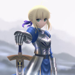 Rule 34 | 1girl, ahoge, armor, artoria pendragon (fate), bad id, bad pixiv id, blonde hair, excalibur (fate/stay night), fate/stay night, fate (series), gauntlets, gloves, green eyes, hand on hilt, highres, mountain, saber (fate), short hair, siraha, solo, sword, sword rest, weapon, wind
