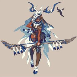 1girl animal animal_feet animal_skull arrow_(projectile) bird blue_eyes bow_(weapon) brown_background brown_hair brown_shirt brown_skirt colored_inner_hair crop_top dark-skinned_female dark_skin deer_girl deer_skull edarow full_body fur_skirt hair_over_one_eye holding holding_bow_(weapon) holding_weapon hooves horizontal_pupils long_hair looking_at_viewer monster_girl multicolored_hair original quiver shirt simple_background skirt skull_on_head solo very_long_hair weapon white_hair