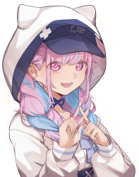 Rule 34 | 1girl, :d, animal hood, baseball cap, blue bow, blue hair, blue hat, bow, braid, breasts, finger counting, hair over shoulder, hands up, hat, highres, hololive, hood, hood up, hooded jacket, jacket, long hair, long sleeves, looking at viewer, low twintails, medium breasts, minato aqua, minato aqua (sailor), multicolored hair, open mouth, pink hair, puffy long sleeves, puffy sleeves, purple eyes, shirt, simple background, smile, solo, streaked hair, twin braids, twintails, two-tone hair, upper body, virtual youtuber, white background, white jacket, white shirt, xuu shi times