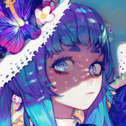 Rule 34 | 1girl, blue eyes, blue hair, closed mouth, flower, hat, hat flower, heart, heart-shaped pupils, looking at viewer, original, pigeon666, portrait, purple flower, solo, symbol-shaped pupils, thick eyebrows