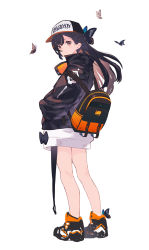 Rule 34 | 1girl, animal, backpack, bag, baseball cap, black bow, black footwear, black hair, black hat, black jacket, boots, bow, bug, butterfly, clothes writing, commentary request, full body, hand in pocket, hat, highres, insect, jacket, long hair, long sleeves, looking at viewer, looking to the side, original, puffy long sleeves, puffy sleeves, red eyes, shirt, simple background, sketch, solo, standing, white background, white shirt, yoo (tabi no shiori)