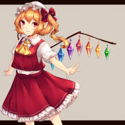 Rule 34 | 1girl, absurdres, ascot, bad id, bad pixiv id, blonde hair, bow, chiyu (kumataro0x0), commentary request, crystal, feet out of frame, flandre scarlet, grey background, hair bow, hat, highres, letterboxed, long hair, looking at viewer, mob cap, one side up, outside border, petticoat, pointy ears, puffy short sleeves, puffy sleeves, red bow, red eyes, red skirt, red vest, shirt, short sleeves, sidelocks, simple background, skirt, skirt set, smile, solo, standing, touhou, vest, white hat, white shirt, wings, yellow ascot