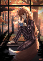 Rule 34 | 1girl, animal ears, artist name, autumn, autumn leaves, barefoot, blush, brown hair, coffee, coffee mug, cup, fern, highres, holo, leg up, long hair, mug, nyaxxy, pajamas, red eyes, smile, solo, spice and wolf, tail, window, wolf ears, wolf tail