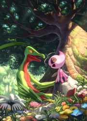 Rule 34 | ^ ^, alternate color, antennae, blue flower, blurry, blurry foreground, celebi, closed eyes, collarbone, colored sclera, creatures (company), day, fairy wings, field, flower, flower field, from side, full body, game freak, gen 2 pokemon, gen 3 pokemon, grass, green eyes, grovyle, hand up, happy, highres, jpeg artifacts, karamimame, knees together feet apart, legendary pokemon, light rays, looking at another, moss, mythical pokemon, nature, nemophila (flower), nintendo, on rock, open mouth, orange flower, outdoors, pink flower, pokemon, pokemon (creature), pokemon mystery dungeon, pokemon mystery dungeon: explorers of time/darkness/sky, red flower, rock, shiny pokemon, sitting, smile, tree, white flower, wings, yellow flower, yellow sclera