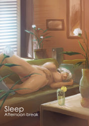 Rule 34 | 1girl, aftersex, breasts, breasts apart, closed eyes, completely nude, couch, cum, cum in pussy, cumdrip, cup, dark-skinned female, dark skin, drawing (object), drinking glass, flower, food, fruit, highres, indoors, large breasts, leg up, lemon, lemon slice, lying, nipples, nude, original, plant, potted plant, pussy, sky of morika, sleeping, solo, speaker, uncensored, vase, white hair, window, window blinds