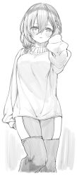 Rule 34 | 1girl, breasts, cropped legs, greyscale, hair between eyes, hand on own cheek, hand on own face, highres, hololive, long sleeves, looking at viewer, medium breasts, medium hair, monochrome, nosir onadat, roboco-san, roboco-san (spring sweater), short ponytail, solo, sweater, thighhighs, virtual youtuber, white background