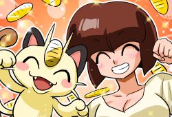 Rule 34 | 1girl, blush stickers, breasts, brown hair, cat, cleavage, closed eyes, creatures (company), crossover, fangs, game freak, gen 1 pokemon, happy, large breasts, meowth, nintendo, open mouth, orange background, pokemon, pokemon (creature), ranma 1/2, smile, teeth, tendou nabiki, wanta (futoshi), whiskers