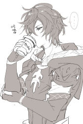 Rule 34 | ..., 1boy, ahoge, armor, breastplate, brown hair, coffee, coffee cup, commentary request, crossed arms, cup, disposable cup, drinking, expressionless, fingerless gloves, gloves, granblue fantasy, greyscale, hair between eyes, hood, hood down, makita (homosapiensu), male focus, messy hair, monochrome, profile, sandalphon (granblue fantasy), short hair, sketch, solo, speech bubble, translation request, turtleneck, upper body, white background
