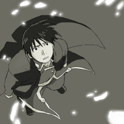 Rule 34 | 1boy, amestris military uniform, black coat, black eyes, black hair, boots, clothes lift, coat, from above, frown, full body, fullmetal alchemist, grey background, greyscale, looking up, lowres, male focus, mattsu, military, military uniform, monochrome, open mouth, roy mustang, short hair, simple background, uniform, worried