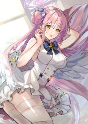 Rule 34 | 1girl, blue archive, breasts, commentary request, dress, hair bun, halo, highres, large breasts, long hair, low wings, lying, mika (blue archive), on side, open mouth, pink hair, pink halo, shibaebi (yasaip game), single hair bun, sleeveless, sleeveless dress, smile, solo, white dress, wings, yellow eyes