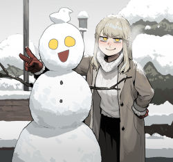 Rule 34 | 1girl, black skirt, blonde hair, blush, braid, closed mouth, coat, cold, commentary, english commentary, french braid, frozen snot, gloves, gogalking, grey coat, hand on own hip, highres, junior (gogalking), long hair, looking at viewer, open clothes, open coat, original, outdoors, red gloves, sanpaku, skirt, smile, smug, snow, snow on head, snowman, solo, sweater, tree, v, white sweater, winter, yellow eyes