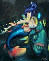 Rule 34 | 1girl, absurdres, ahoge, anglerfish, armpits, bare arms, bare shoulders, blank eyes, blue hair, blue nails, bow (weapon), bra, bracelet, breasts, cleavage, collarbone, commentary, dark, dated, english commentary, fingernails, fins, fish, full body, gold bracelet, gorget, hand on another&#039;s head, highres, holding, holding bow (weapon), holding weapon, illicium, jewelry, kelp, long fingernails, looking to the side, medibang paint (medium), medium breasts, mermaid, monster girl, nail polish, navel, necklace, no pupils, original, outstretched arm, pink eyes, pink lips, pointy ears, scales, shell hair ornament, shell necklace, sharp teeth, shell, shell bikini, sideboob, sidelocks, signature, strapless, strapless bra, submerged, teeth, toned, underwater, underwear, upper teeth only, v-shaped eyebrows, victor nguyen, weapon, white bra