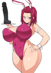 Rule 34 | 1girl, alternate breast size, ass, breasts, code geass, curvy, dd (giogio99), detached collar, dildo, hand on own hip, highleg, highleg leotard, holding, holding tray, huge breasts, kouzuki kallen, leotard, pink leotard, playboy bunny, sex toy, shiny skin, simple background, solo, sweat, thong leotard, tray, white background, wide hips