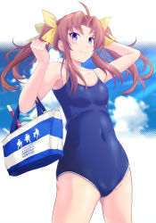 Rule 34 | 1girl, ahoge, blue one-piece swimsuit, breasts, brown hair, competition school swimsuit, covered navel, hair ribbon, highres, kagerou (kancolle), kantai collection, map (blue catty), one-piece swimsuit, purple eyes, ribbon, school swimsuit, small breasts, smile, solo, swimsuit, twintails, yellow ribbon