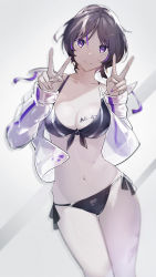 Rule 34 | 1girl, absurdres, bikini, black bikini, black hair, blurry, breasts, chinese commentary, commentary request, cowboy shot, depth of field, double v, halterneck, highres, jacket, large breasts, looking at viewer, mumu (user gsny3334), original, purple eyes, see-through, see-through jacket, short hair, side-tie bikini bottom, solo, swimsuit, v