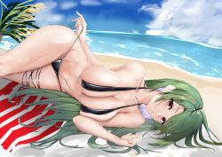 Rule 34 | 1girl, absurdres, azur lane, beach, bikini, black bikini, breasts, cleavage, green hair, halterneck, highres, huge breasts, littorio (azur lane), littorio (the glory of naples) (azur lane), long hair, lying, mippei, multicolored hair, official alternate costume, on side, palm tree, pulling own clothes, red eyes, red hair, sand, skindentation, smile, solo, streaked hair, string pull, swimsuit, tree, two-tone hair, very long hair, water