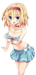 Rule 34 | 1girl, alice margatroid, bikini, bikini skirt, blonde hair, blue eyes, blush, breast rest, breasts, choker, collarbone, cowboy shot, female focus, hairband, highres, jewelry, large breasts, maturiuta sorato, md5 mismatch, navel, necklace, open mouth, resized, resolution mismatch, short hair, simple background, skirt, solo, source larger, swimsuit, touhou, white background