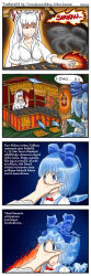 Rule 34 | 2girls, 4koma, blue eyes, blue hair, bow, cirno, comic, cooking, crying, crying with eyes open, drawfag, female focus, finnish text, fire, fire, fujiwara no mokou, grill, grilling, hand on another&#039;s face, highres, long image, melting, multiple girls, red eyes, suspenders, sweat, tall image, tears, touhou, white hair, you gonna get raped
